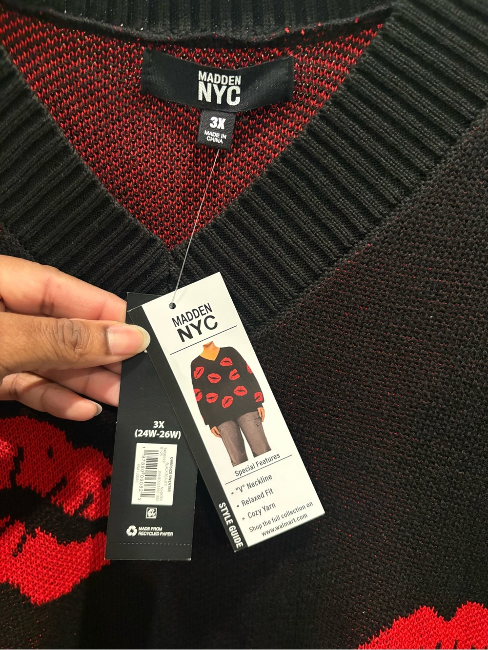 NYC Black V-Neck Sweater with Red Lip Print - Picture 6 of 6